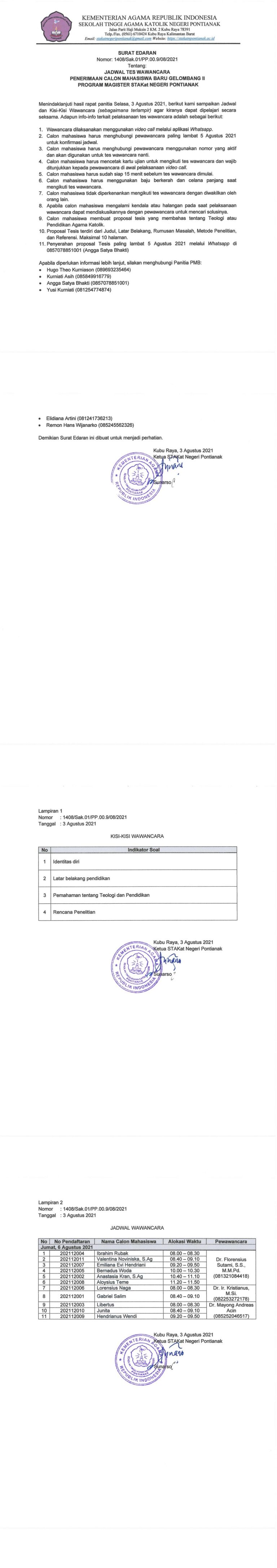 Jadwal Test Wawancara Penerimaan Calon Mahasiswa Baru Gelombang II Program Magister STAKat Negeri Pontianak